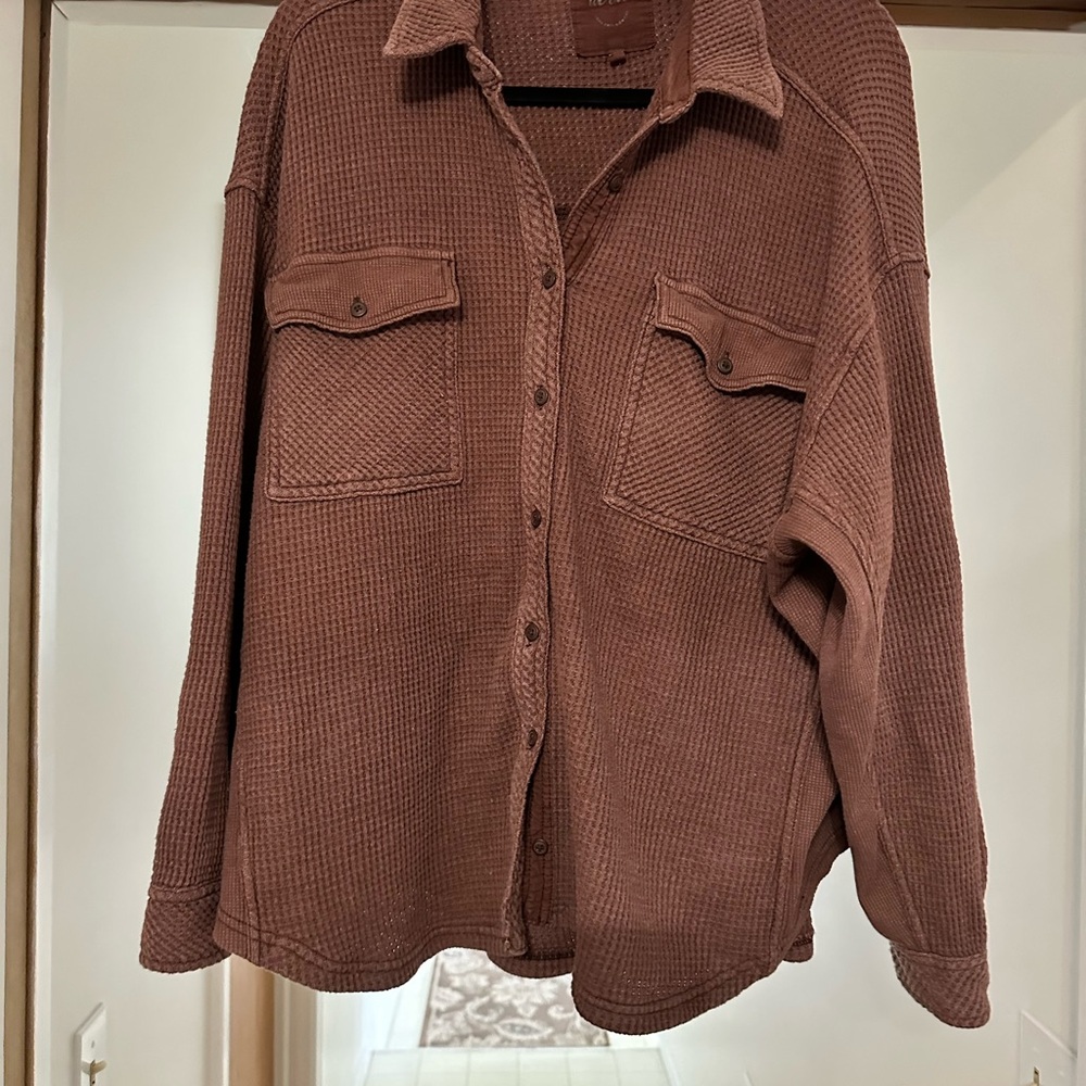 Aerie Brown Button-Up Waffle Knit Shirt
